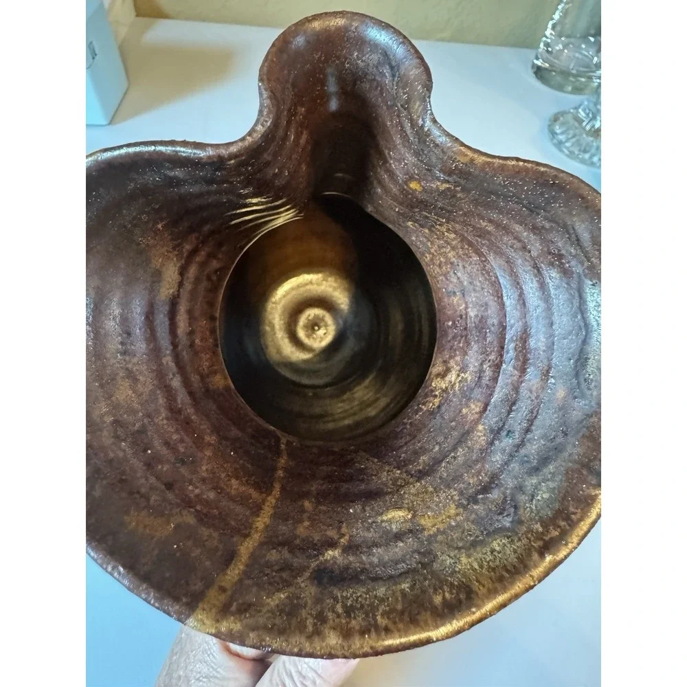 Vintage Studio Pottery Pitcher Hand Thrown Faceted Brown Glaze Art Jug Rustic